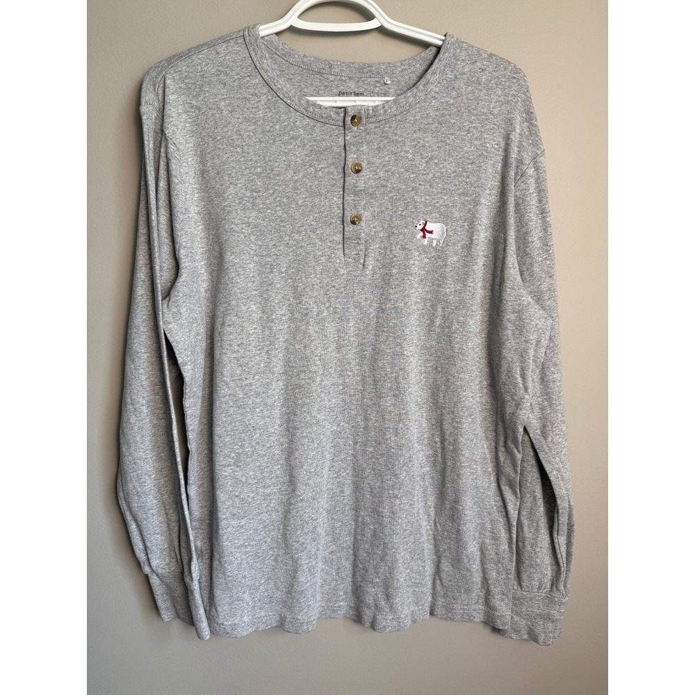 Petit Lem Holiday Henley Top Womens Large Heather Gray Polar Bear Organic Cotton